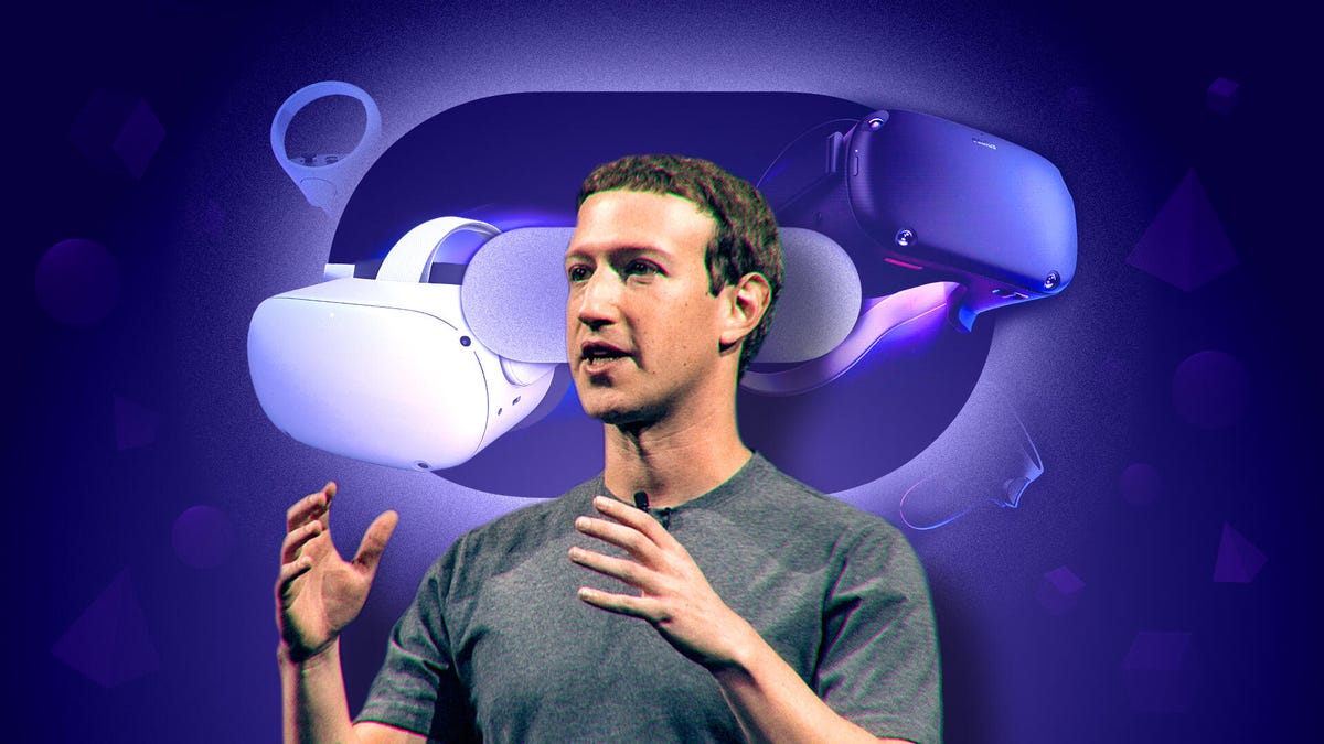 Mark Zuckerberg, with an image of a VR headset behind him