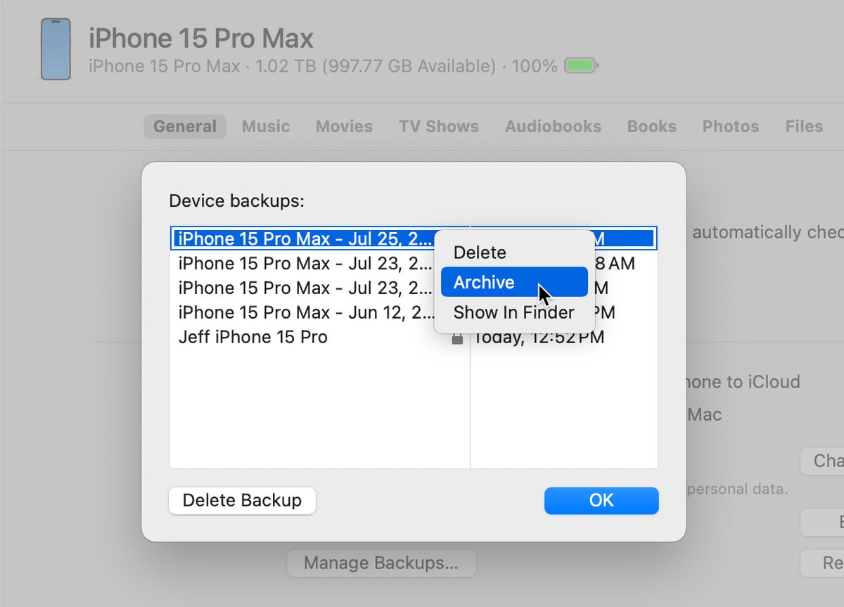 MacOS dialog showing iPhone device backups, with a contextual menu and the option Archive highlighted.