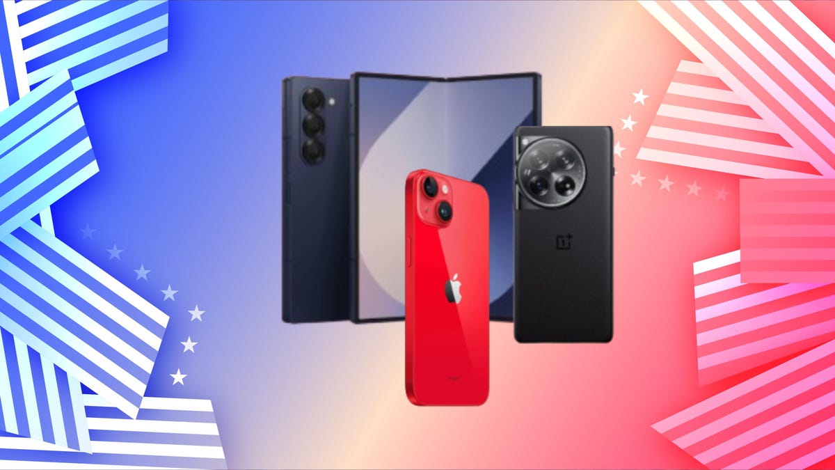 Trio of phones displayed against a festive blue, purple, yellow and pink background adorned by white stars and stripes on the left and right. Phones are black Samsung Galaxy Z Fold, red Apple iPhone 14, and black OnePlus 12