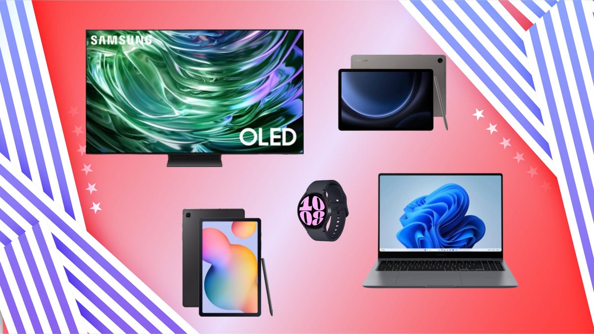 montage of items by Samsung including tablet, Galaxy Watch, computer, TV on a festive red white and blue background