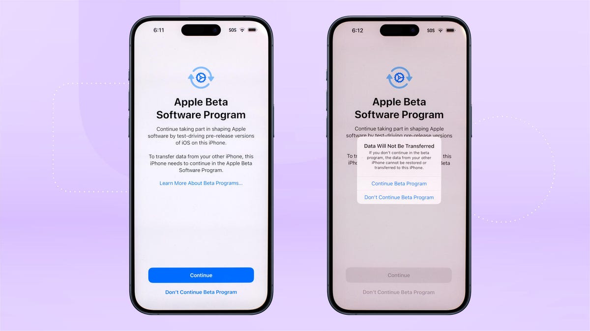 Two iPhones showing the progression of screens alerting the user that an iCloud backup made under iOS 18 beta cannot be used after restoring to iOS 17.