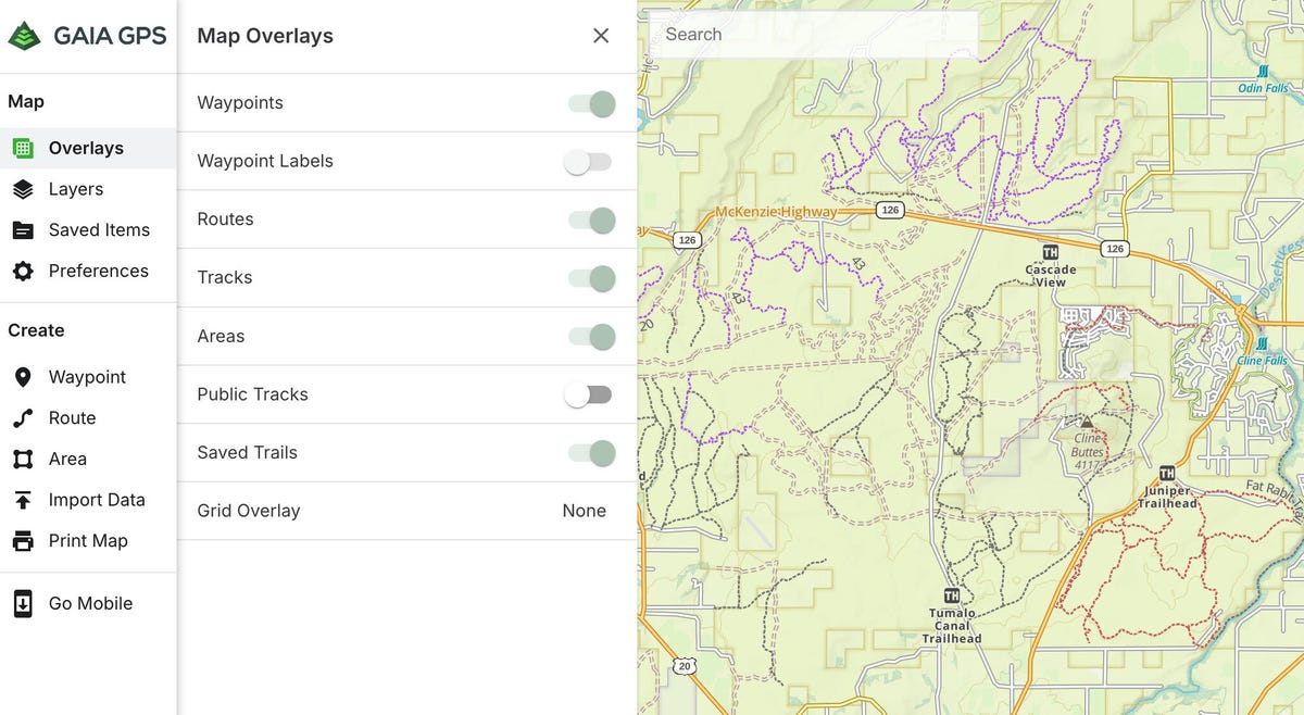 Screenshot showing Gaia GPS trail menu next to a map.